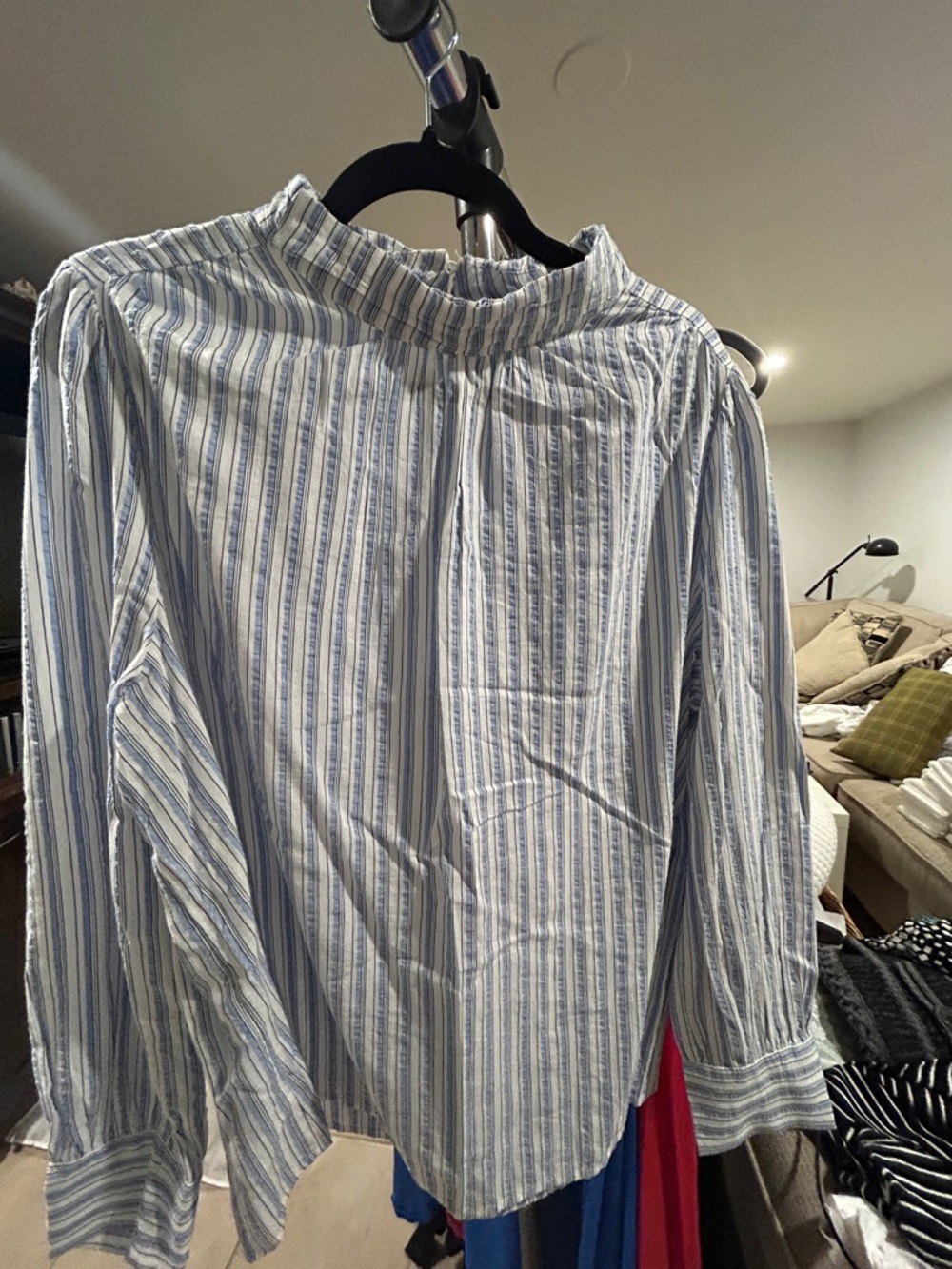 Loft Light Blue and White Striped Cotton Shirt with mandarin collar